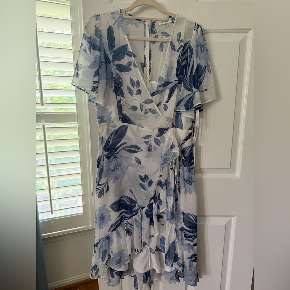 Calvin Klein NWT White and Blue Floral Dress